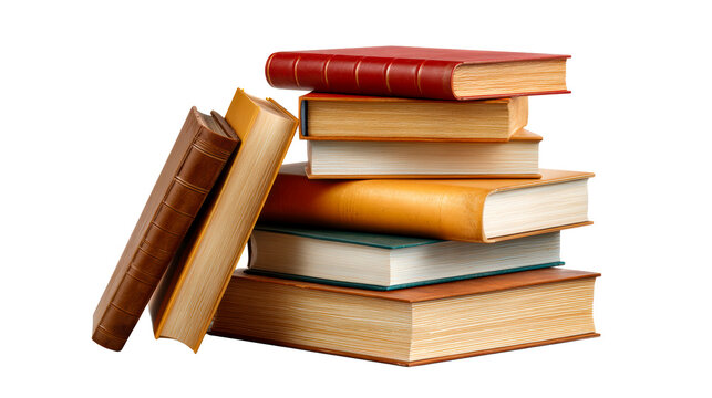 Stack of Leather Bound Books on White, cut out transparent