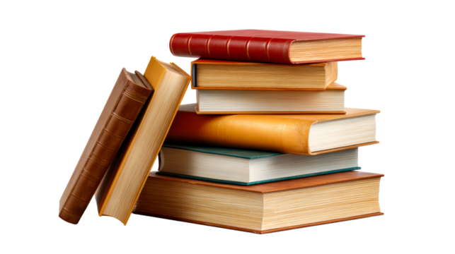 Stack of Leather Bound Books on White, cut out transparent