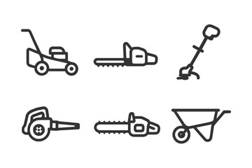 A set of six black and white drawings of lawn care tools. The drawings include a lawn mower, a weed whacker, a chainsaw, a leaf blower. Vector. 