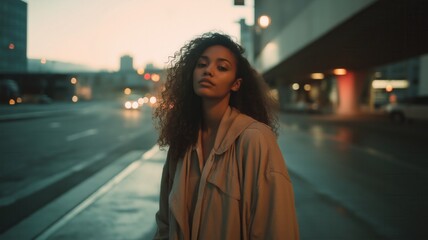 Fototapeta premium A young black woman with natural curly hair and overcoat stands on a city street at dusk