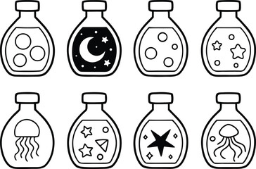 Collection of Fantasy Potion Bottles with Moon Stars Circles and Jellyfish for Magical or Scientific Illustrations