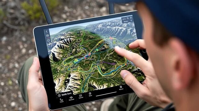 Person Interacting with 3D Map on Tablet in Outdoor Terrain