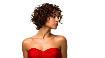 Woman with Curly Hair and Red Dress Looking Sideways, cut out transparent
