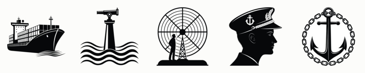 Maritime nautical icons symbols ship lighthouse globe anchor profile