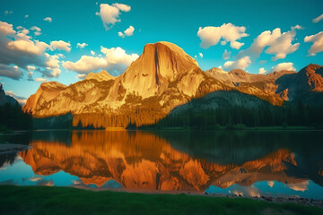 Golden hour illuminates majestic mountain peak reflecting in calm waters