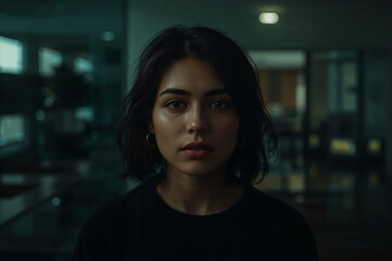 Portrait of Woman Brunette beauty calm face Neutral look dark indoor