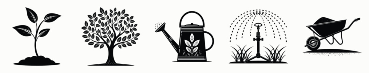Fototapeta premium Gardening icons set seedling tree watering can greenhouse wheelbarrow