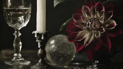 Close-up of a dramatic candlelit still life with dripping wax, a dark flower, and a cocktail for an elegant Halloween party
