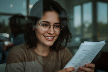 Smiling woman with glasses reading document inside a coffee shop