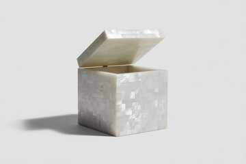 Opalescent mosaic cube box with lifted lid and shadow.