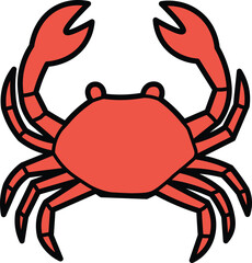 Vibrant red crab illustration with bold black outlines, perfect for nautical themes, seafood menus, and children's designs, bringing a playful touch