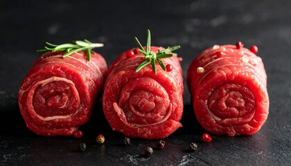 Raw beef roulades with rosemary and peppercorns on a dark background.