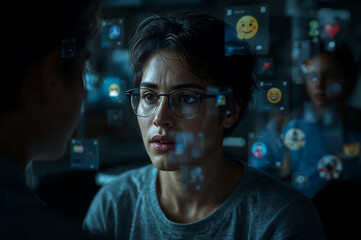 Woman with glasses stares into future augmented reality communication