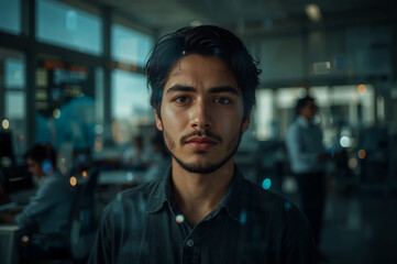 Young man developer portrait serious office tech innovation coding job