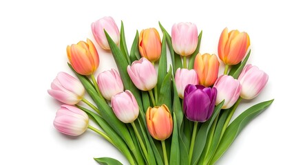 A colorful bouquet of tulips featuring pink orange and purple blooms against a white background scene