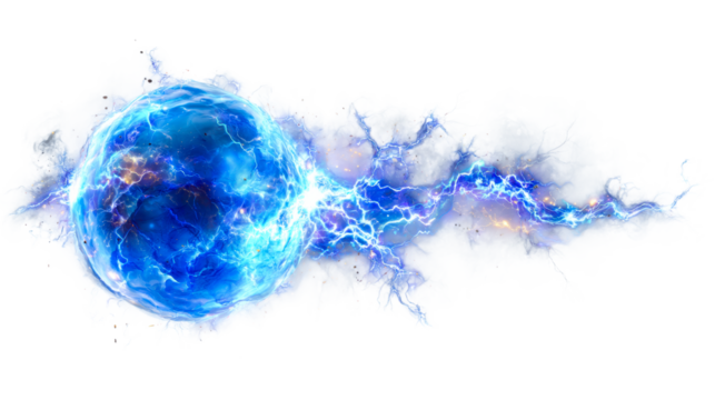 Glowing blue energy sphere crackling with electric lightning, cut out transparent