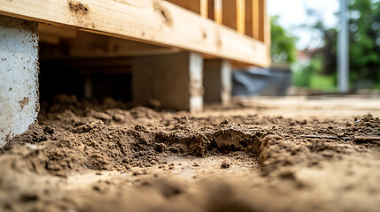 View of wooden construction on concrete supports surrounded by dirt. The focus is on the earth, with building supports & greenery in the blurred background.