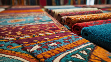 Bright colorful oriental carpets displayed in traditional market interior with warm lights. Textile design and ethnic handmade decoration concept