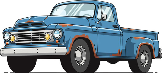 Classic blue pickup truck retro automotive vehicle vintage americana style transportation art flat design vector illustration isolated on transparent background