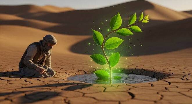 A man kneeling in the desert near a plant growing from a pool of water with sand dunes in the back - Powered by Adobe