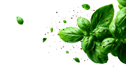 Fresh Basil Leaves with Water Droplets and Spices, cut out transparent