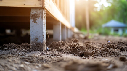 The photo shows a building's concrete foundation posts touching the bare earth. The elevated structure is in an outdoor, natural setting with trees and greenery.