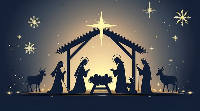 Silhouette depiction of the nativity scene under a shining star during the christmas holiday celebrations.