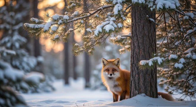 Red fox hiding behind a tree trunk in snowy winter forest isolated PNG with Transparent Background