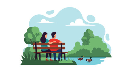 A flat style vector of romantic couple sitting together on park bench watching ducks on pond, calm afternoon love scene