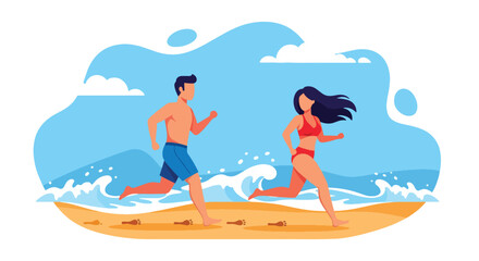 A flat vector of joyful couple running hand in hand along beach shoreline, romantic and active outdoor lifestyle