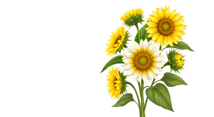 Fototapeta premium A bouquet illustration of white and pale yellow sunflowers with green leaves and buds, isolated on a clean white background. Perfect for wedding stationery, spring decor, or nature illustrations.