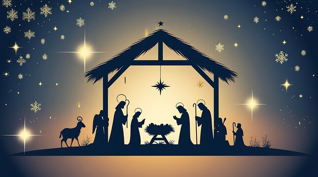 Silhouette illustration depicting the nativity scene of jesus christ with christmas star and snowflake decorations