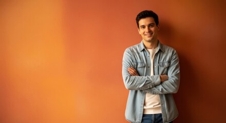 Fototapeta premium Young Man Standing Confidently Against an Orange Wall.