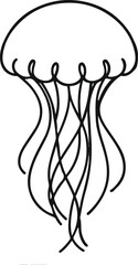 Abstract jellyfish in simple flowing lines, black outline, minimal composition