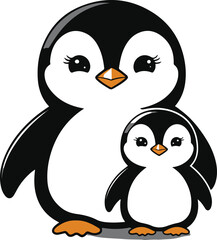 Cute penguin outline with baby penguin beside, black bold contour.