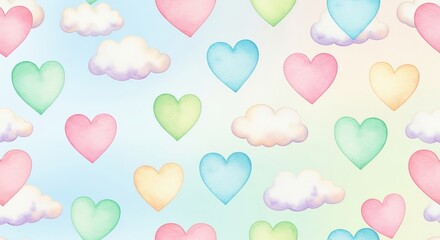 Pastel hearts and clouds floating on a multicolored background creating a dreamy and whimsical scene