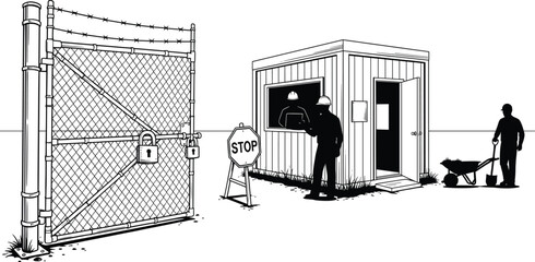 Construction site security gate and guard office with workers, stop sign, and safety equipment vector illustration for industrial area control