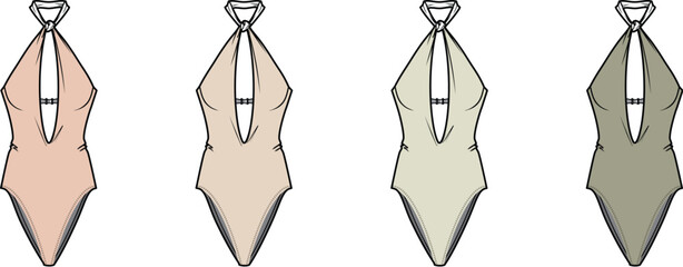 Swimsuit Designs A collection of minimalist and elegant one-piece swimwear in various muted color palettes