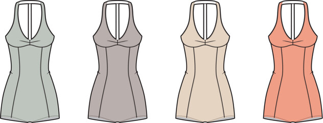Versatile women's one-piece swimsuit illustrations in a range of soft, muted colors, perfect for fashion design concepts, summer apparel collections, and wardrobe styling graphics