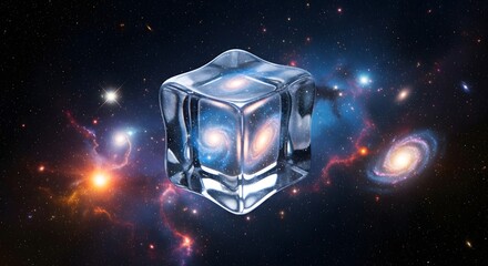 An ice cube containing galaxies floating in space with stars and nebulas in the background view