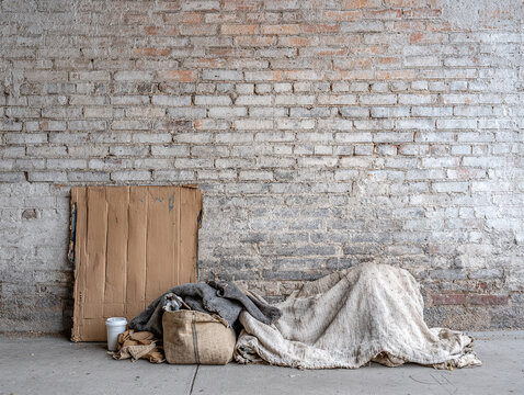 empty pavement with discarded bedding of a homeless man and cardboard box against a weathered brick wall background