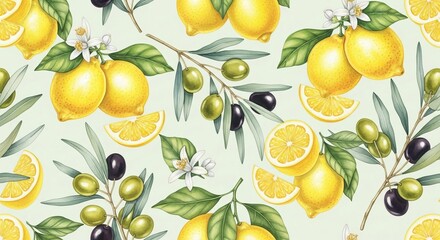 Obraz premium A repeating pattern of lemons, lemon slices, olives, olive branches and white flowers on light green