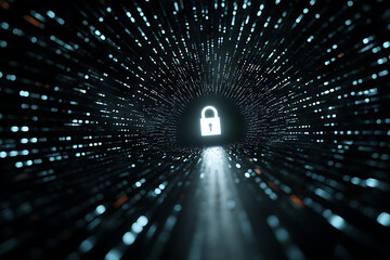 Glowing digital padlock shines brightly at the end of a futuristic data tunnel, symbolizing secure information flow and advanced cybersecurity.