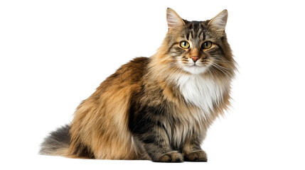 Fluffy long-haired brown tabby cat with green eyes, cut out transparent