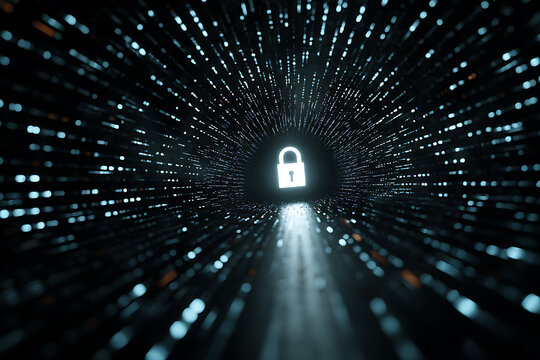 Glowing digital padlock shines brightly at the end of a futuristic data tunnel, symbolizing secure information flow and advanced cybersecurity.