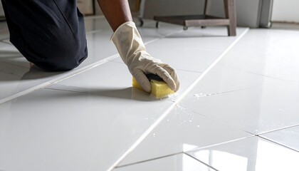 Person cleaning white tiled floor with sponge and gloves.