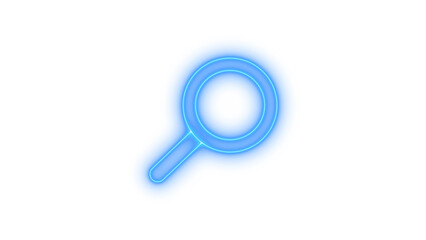 Glowing neon magnifying glass or search icon isolated on transparent background. Digital interface element. Information discovery tool. Web navigation symbol.