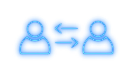 Glowing neon two human profile silhouettes with arrows icon isolated on transparent background. Communication. User interaction. Data exchange. Networking. Connection.