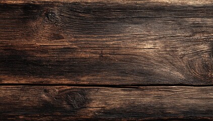 Rich, dark, weathered wood planks show prominent grain patterns and knots.