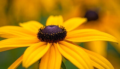 Close-up view of bright yellow daisy with a dark brown center